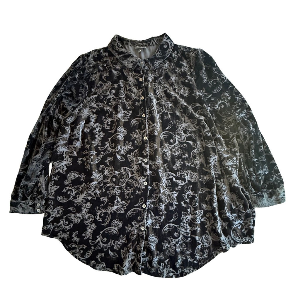 Torrid Burnout Velvet Blouse Womens 3 Black Floral Paisley Button Up Top